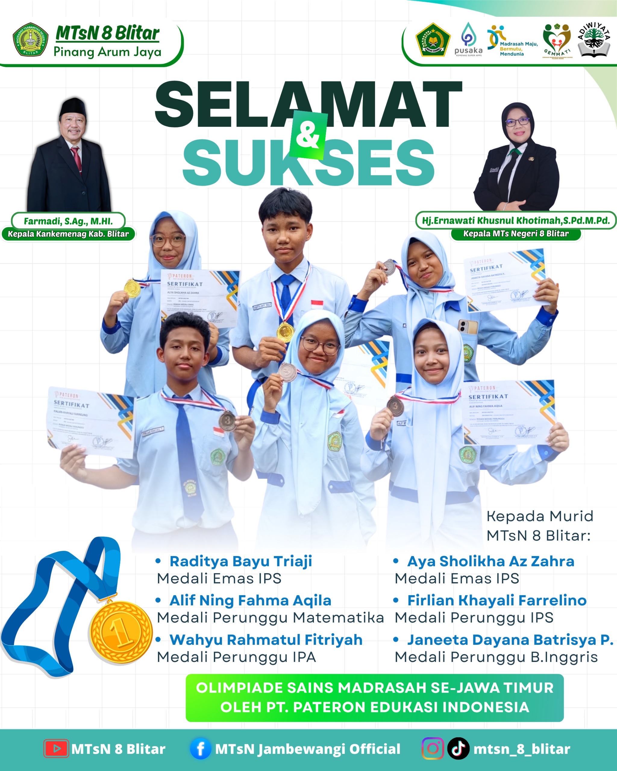 Siswa-Siswi MTsN 8 Blitar Borong Medali di Olimpiade Sains Madrasah Se-Jawa Timur